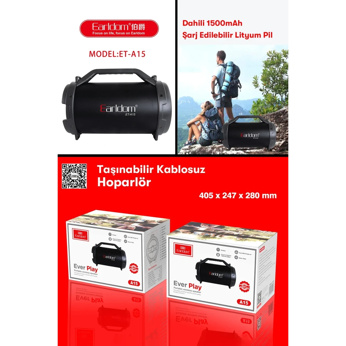 Earldom A15 Radyolu 15W Bluetooth Kablosuz Hoparlör - Siyah