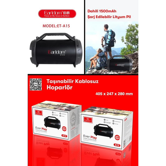 Earldom A15 Radyolu 15W Bluetooth Kablosuz Hoparlör - Siyah