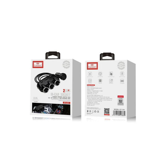 Earldom CS1 120W Dijital Voltaj Göstergeli 3 Adet Çakmaklık ve 2 Adet USB Çıkışlı PD Hızlı Araç Şarj - Siyah