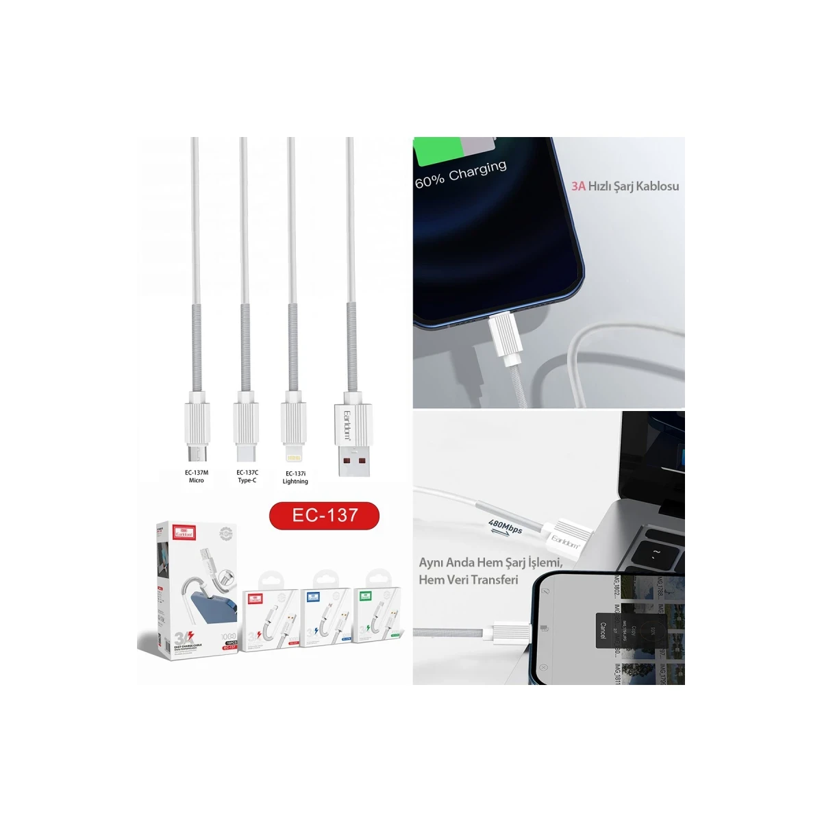 Earldom EC-137L 1M 3A Kırılmaya Dayanıklı Lightning Hızlı Şarj Kablosu - Beyaz