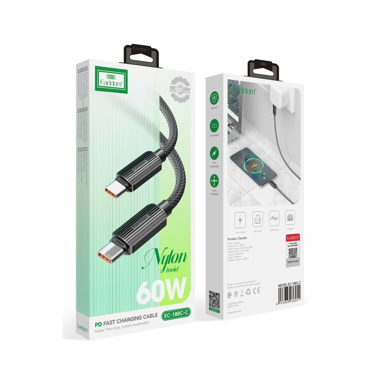 Earldom EC-188CC 1M 60W Hasırlı Type-C to Type-C PD Hızlı Şarj Kablosu - Siyah