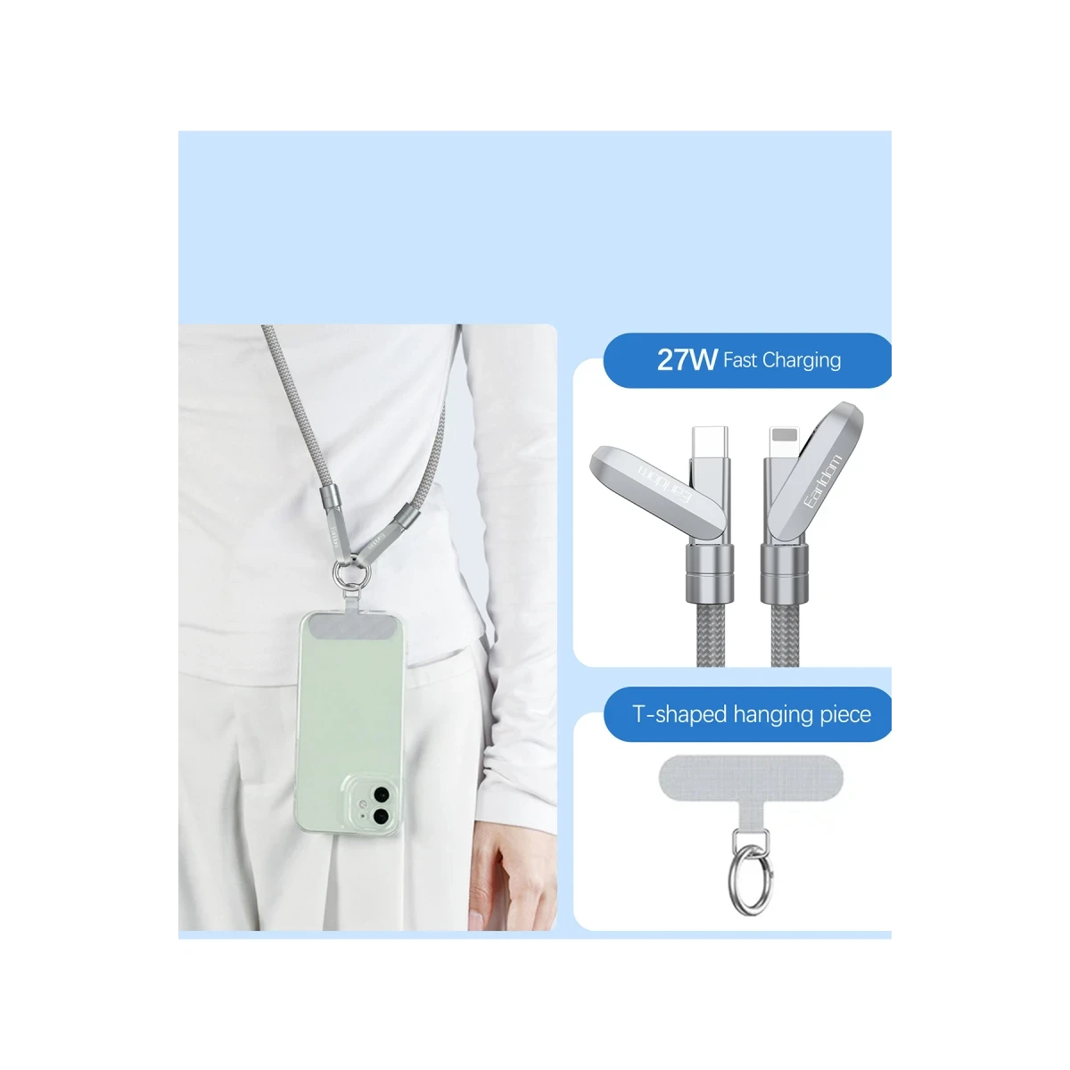 Earldom EC-208CL 1M 27W Type-C to Lightning Ekstra Boyun Askısına Dönüşme Özellikli PD Hızlı Şarj Kablosu - Gümüş