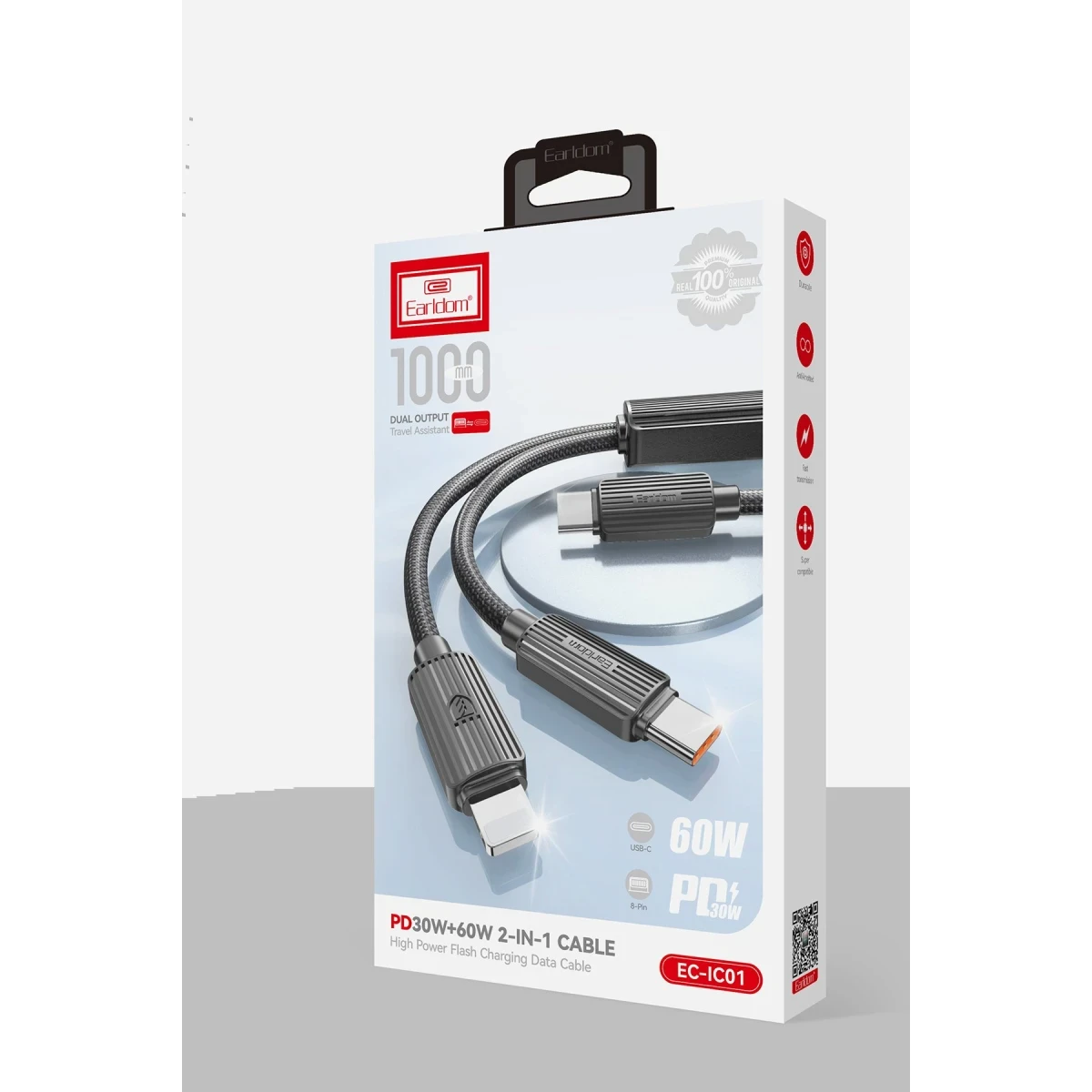 Earldom EC-IC01 1.2M Type-C to Type-C 60W ve Lightning 30W Çift Çıkışlı 2in1 PD Hızlı Şarj Kablosu - Siyah