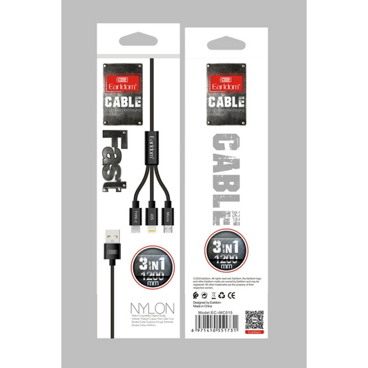 Earldom EC-IMC015 1.2M 3in1 USB to Type-C / Lightning / Micro Hızlı Şarj Kablosu - Siyah