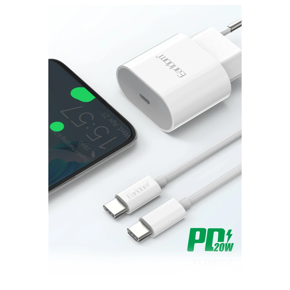 Earldom ES-EU42C 20W Type-C Çıkışlı Ekstra Type-C to Type-C Kablolu PD Hızlı Şarj Cihazı - Beyaz