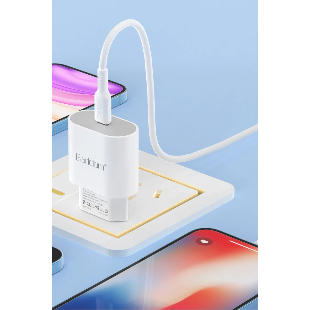 Earldom ES-EU42C 20W Type-C Çıkışlı Ekstra Type-C to Type-C Kablolu PD Hızlı Şarj Cihazı - Beyaz