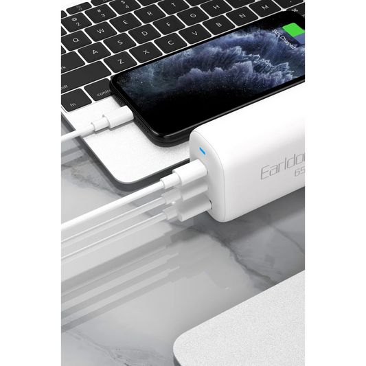 Earldom EU26C 2 Adet 65W Type-C ve 1 Adet 30W USB 3.0 Çıkışlı Ekstra Type-C to Type-C Kablolu GAN Şarj Cihazı - Beyaz