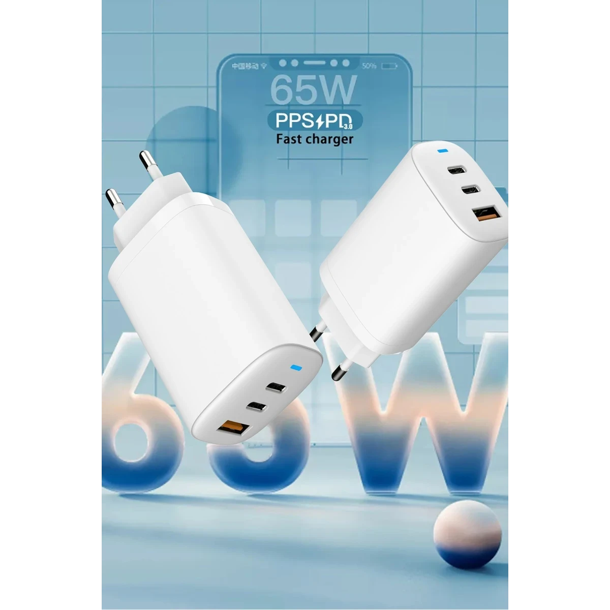 Earldom EU26i 2 Adet 65W Type-C ve 1 Adet 30W USB 3.0 Çıkışlı Ekstra Type-C to Lightning Kablolu GAN Şarj Cihazı - Beyaz