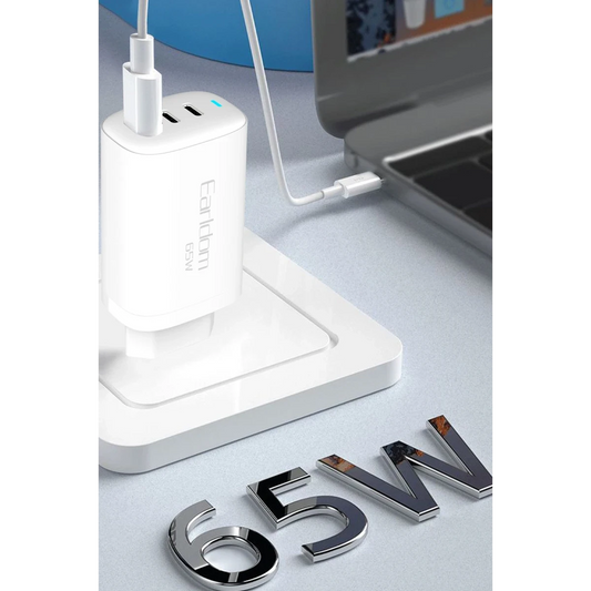 Earldom EU26i 2 Adet 65W Type-C ve 1 Adet 30W USB 3.0 Çıkışlı Ekstra Type-C to Lightning Kablolu GAN Şarj Cihazı - Beyaz