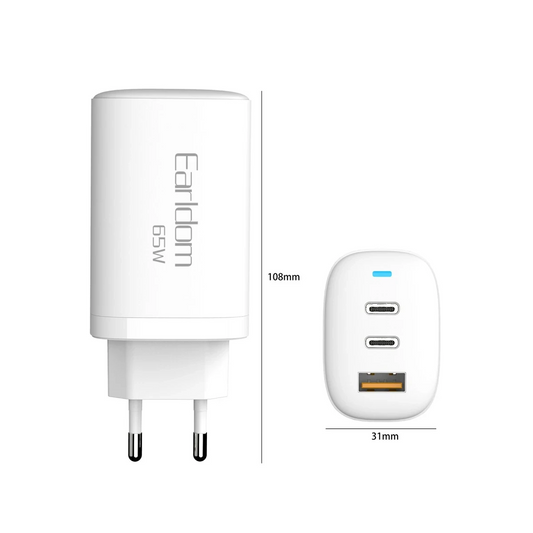 Earldom EU26i 2 Adet 65W Type-C ve 1 Adet 30W USB 3.0 Çıkışlı Ekstra Type-C to Lightning Kablolu GAN Şarj Cihazı - Beyaz