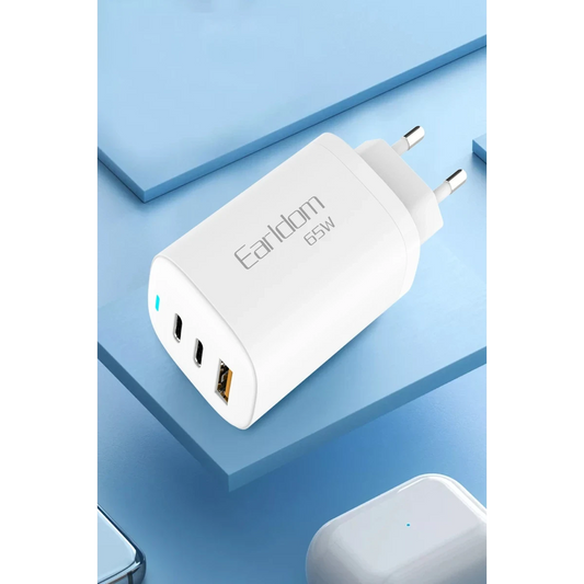 Earldom EU26i 2 Adet 65W Type-C ve 1 Adet 30W USB 3.0 Çıkışlı Ekstra Type-C to Lightning Kablolu GAN Şarj Cihazı - Beyaz