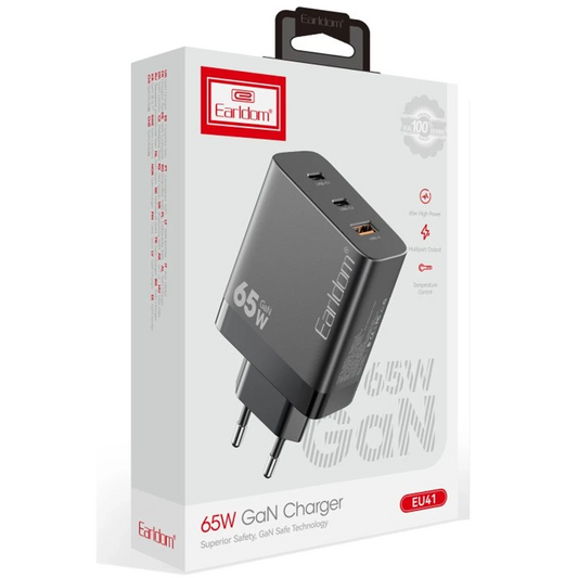 Earldom EU41 2 Adet Type-C ve 1 Adet USB Çıkışlı 65W GAN Şarj Aleti - Siyah