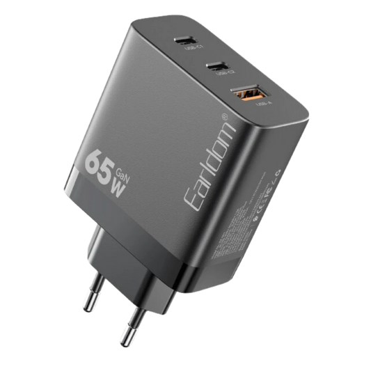 Earldom EU41 2 Adet Type-C ve 1 Adet USB Çıkışlı 65W GAN Şarj Aleti - Siyah