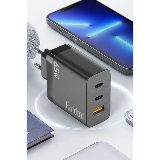 Earldom EU41 2 Adet Type-C ve 1 Adet USB Çıkışlı 65W GAN Şarj Aleti - Siyah