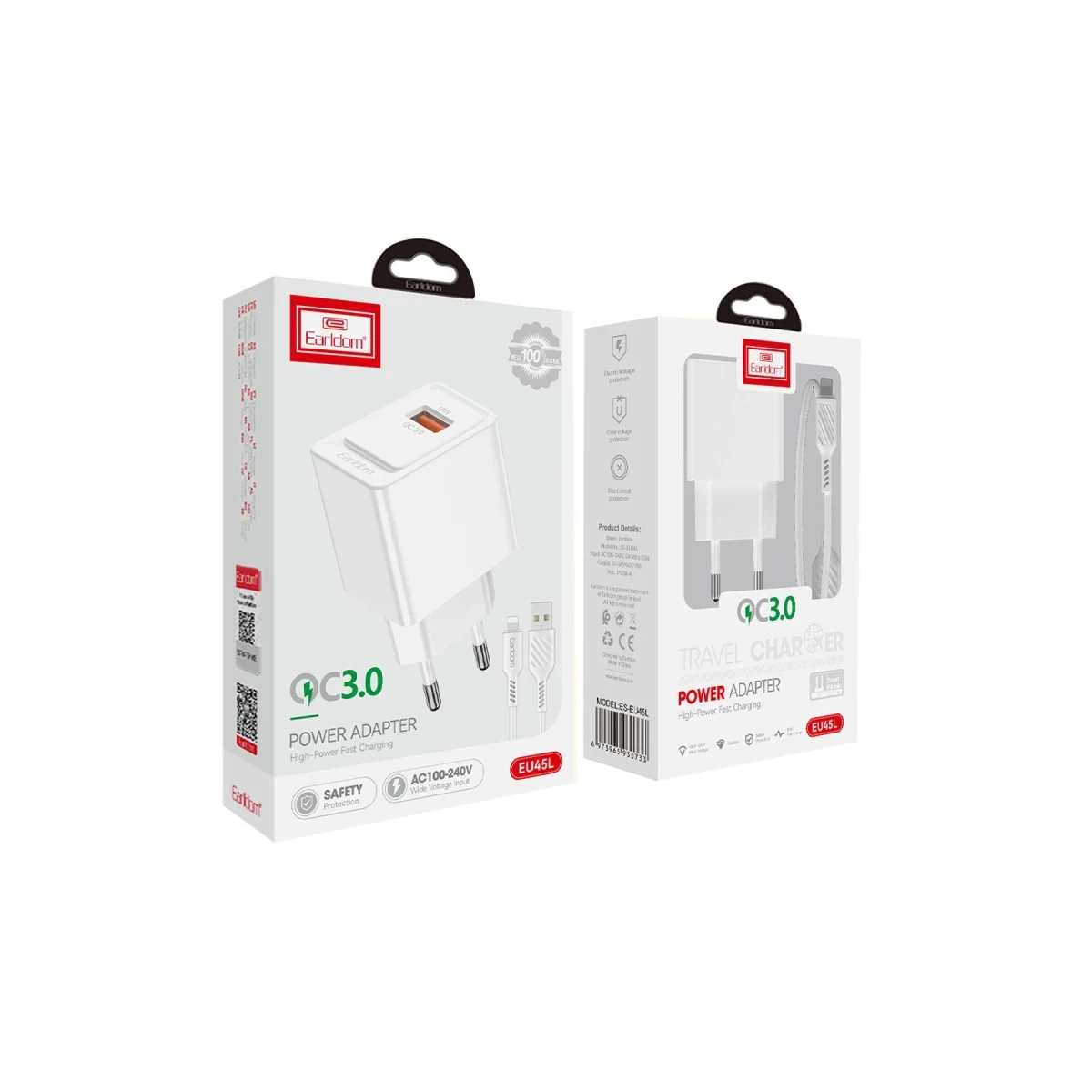 Earldom EU45 18W USB QC 3.0 Çıkışlı ve USB to Lightning Kablolu PD Hızlı Şarj Cihazı - Beyaz