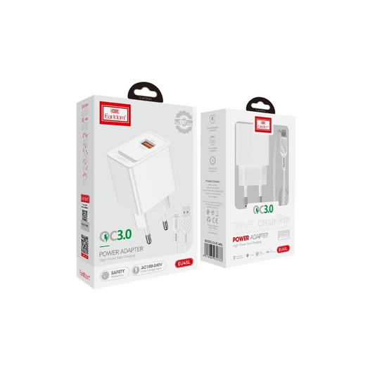 Earldom EU45 18W USB QC 3.0 Çıkışlı ve USB to Lightning Kablolu PD Hızlı Şarj Cihazı - Beyaz