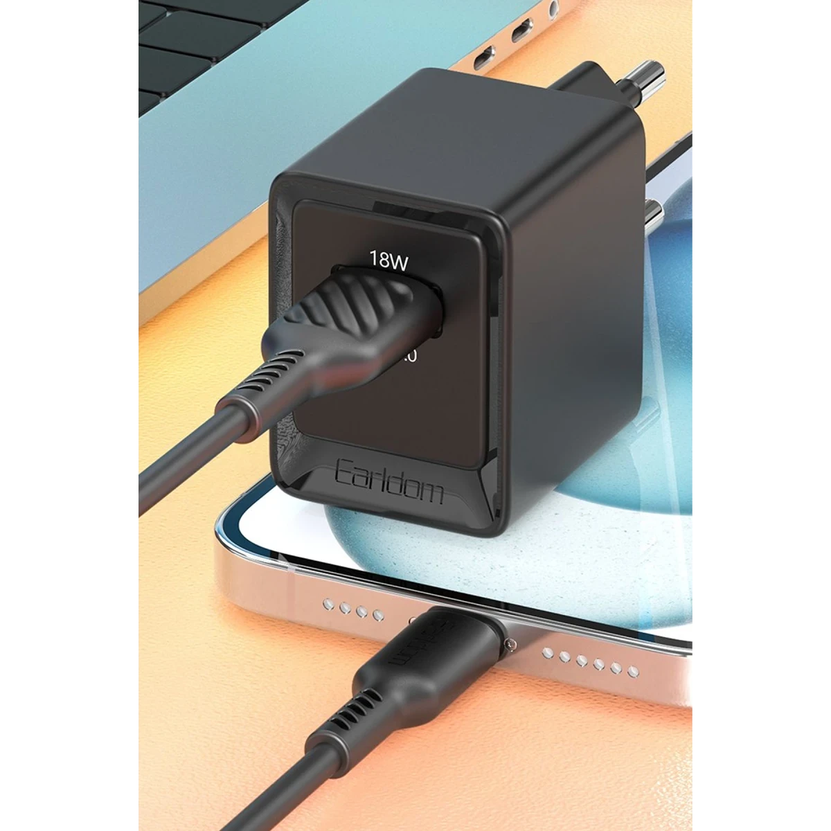 Earldom EU45 18W USB QC 3.0 Çıkışlı ve USB to Type-C Kablolu PD Hızlı Şarj Cihazı - Beyaz