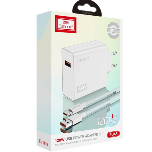 Earldom EU48 120W USB QC 3.0 Çıkışlı ve USB to Type-C Kablolu PD Hızlı Şarj Cihazı - Beyaz