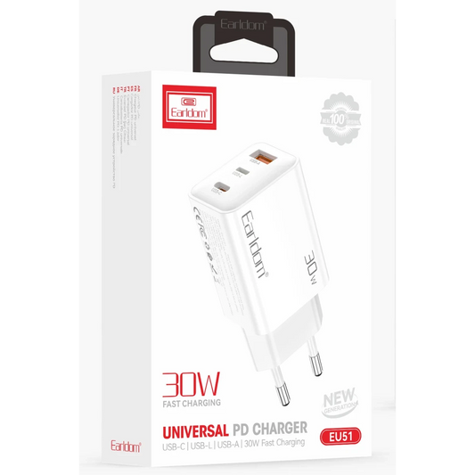 Earldom EU51 Type-C Lightning ve USB Çıkışlı 30W PD Hızlı Şarj Aleti - Beyaz