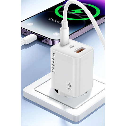 Earldom EU51 Type-C Lightning ve USB Çıkışlı 30W PD Hızlı Şarj Aleti - Beyaz