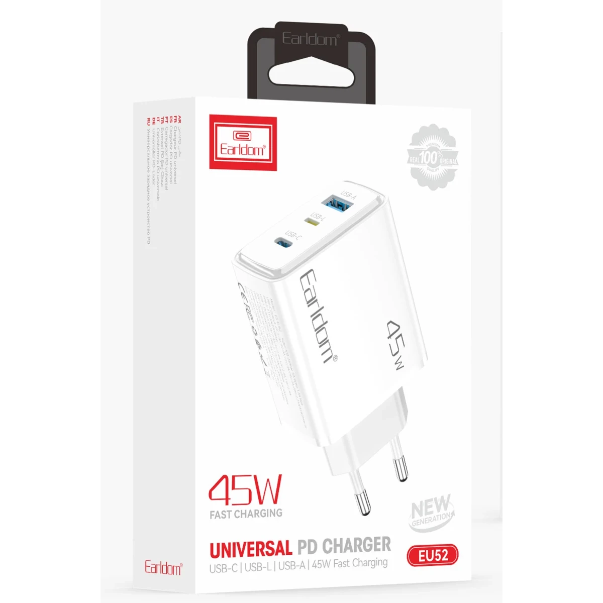 Earldom EU52 Type-C Lightning ve USB Çıkışlı 45W PD Hızlı Şarj Aleti - Beyaz