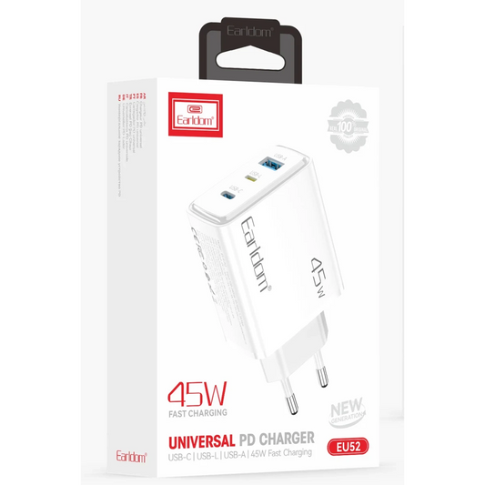 Earldom EU52 Type-C Lightning ve USB Çıkışlı 45W PD Hızlı Şarj Aleti - Beyaz