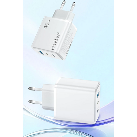 Earldom EU52 Type-C Lightning ve USB Çıkışlı 45W PD Hızlı Şarj Aleti - Beyaz