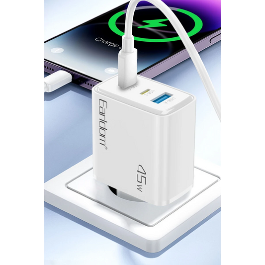 Earldom EU52 Type-C Lightning ve USB Çıkışlı 45W PD Hızlı Şarj Aleti - Beyaz
