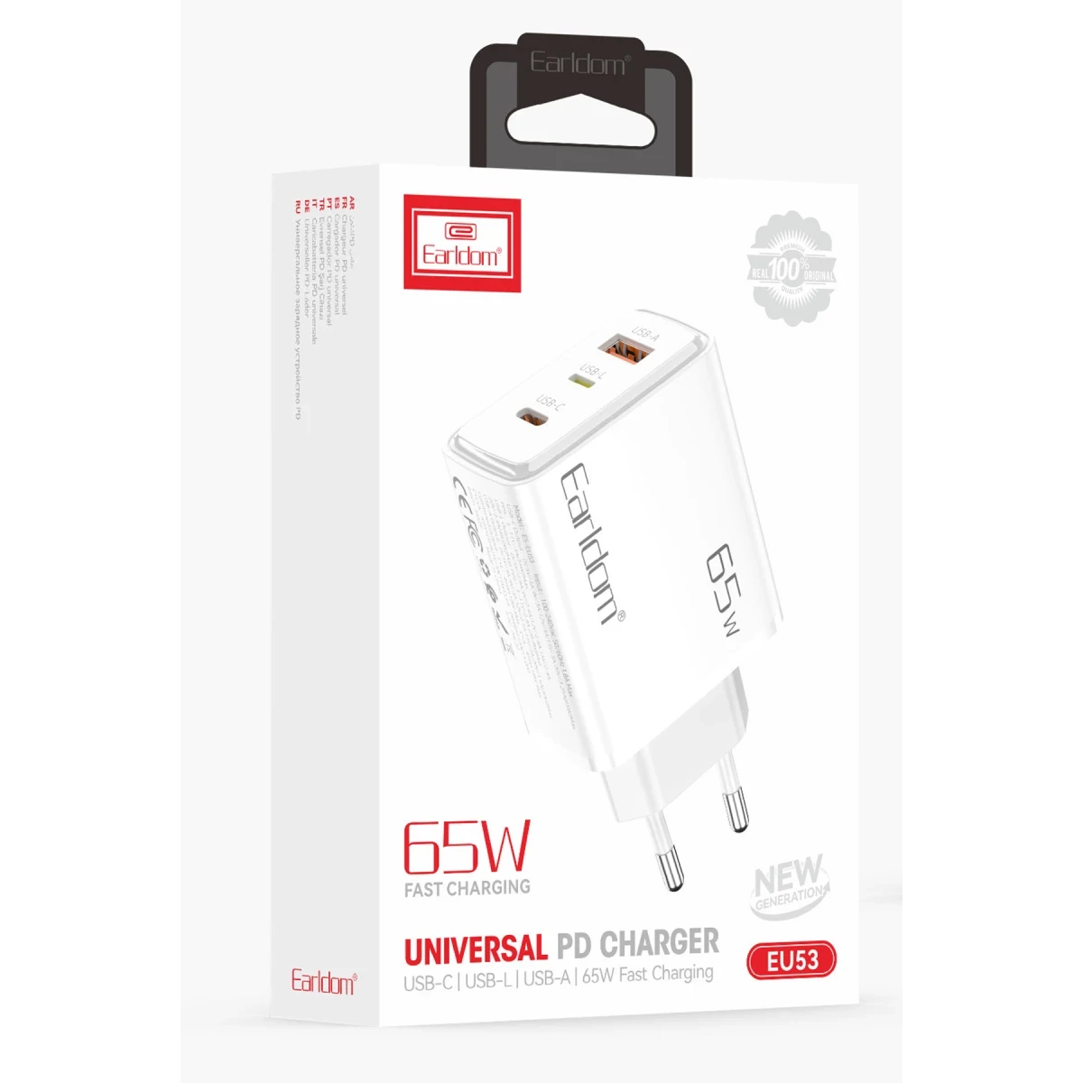 Earldom EU53 Type-C Lightning ve USB Çıkışlı 65W PD Hızlı Şarj Aleti - Beyaz