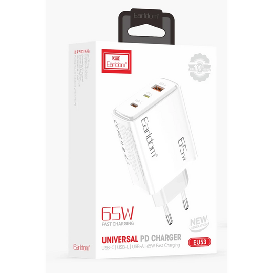 Earldom EU53 Type-C Lightning ve USB Çıkışlı 65W PD Hızlı Şarj Aleti - Beyaz