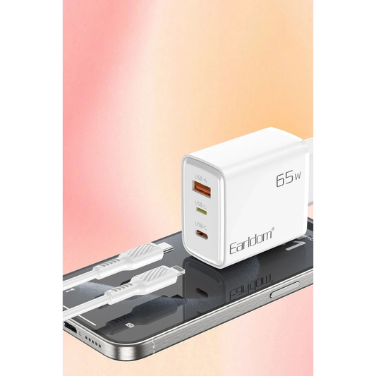 Earldom EU53 Type-C Lightning ve USB Çıkışlı 65W PD Hızlı Şarj Aleti - Beyaz