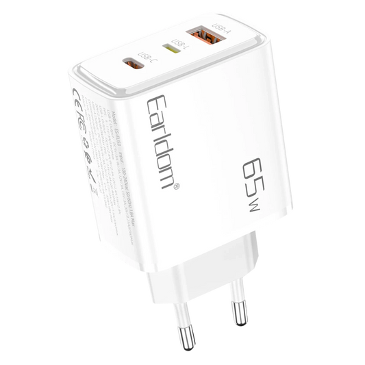 Earldom EU53 Type-C Lightning ve USB Çıkışlı 65W PD Hızlı Şarj Aleti - Beyaz