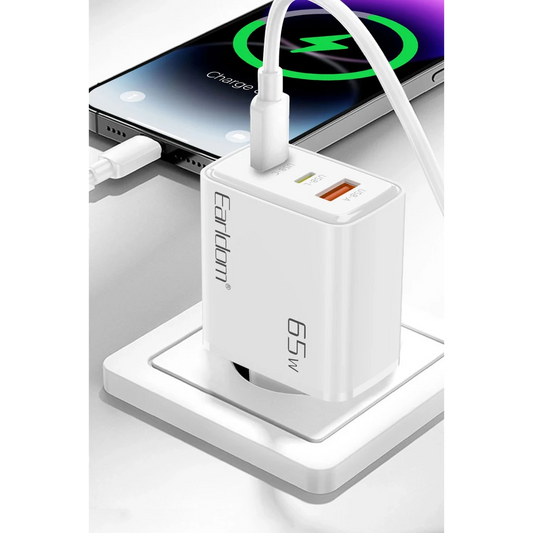 Earldom EU53 Type-C Lightning ve USB Çıkışlı 65W PD Hızlı Şarj Aleti - Beyaz