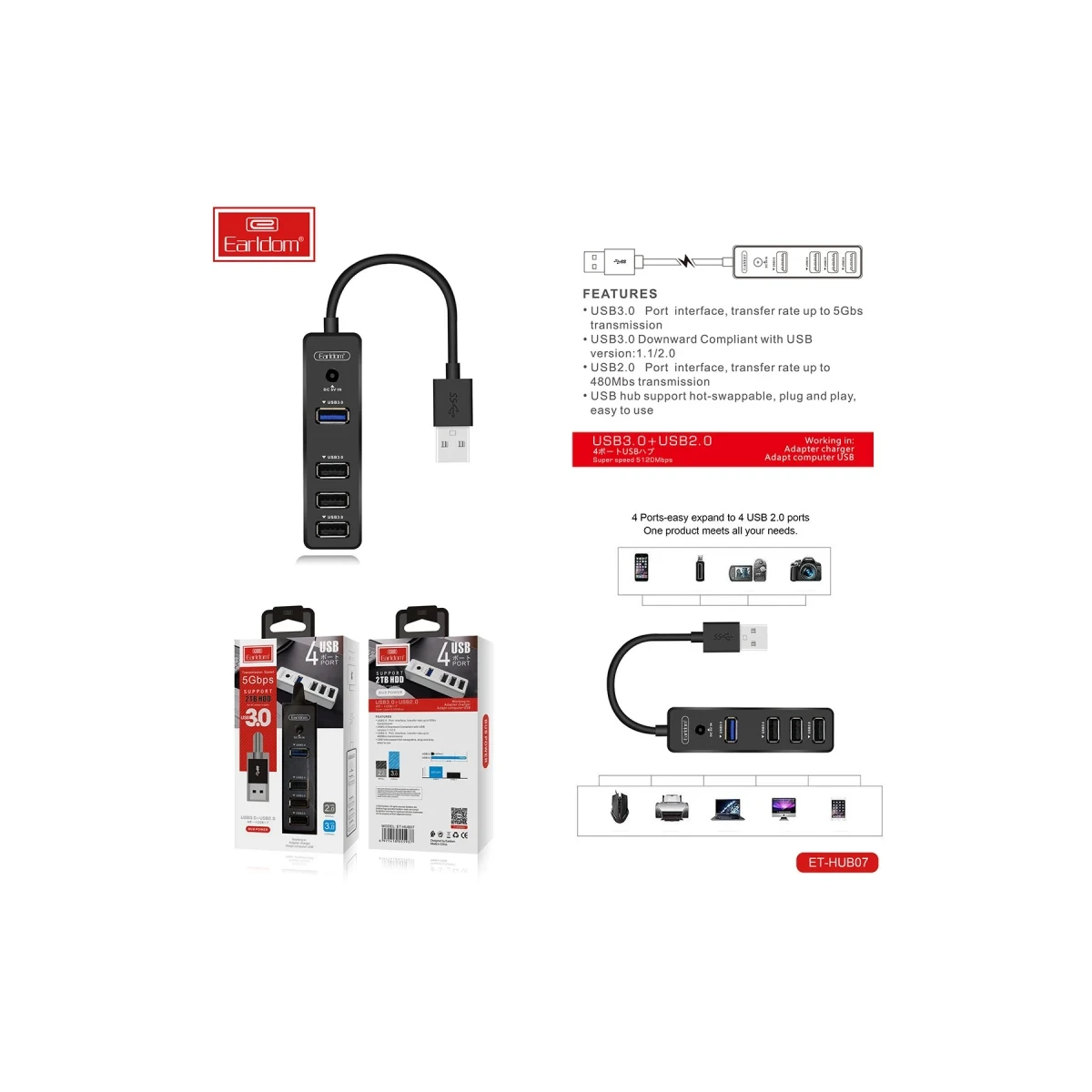 Earldom HUB07 Tak Çalıştır 3 Adet Usb 2.0 ve 1 Adet Usb 3.0 Çıkışlı Usb Çoklayıcı - Siyah