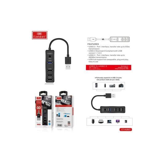 Earldom HUB07 Tak Çalıştır 3 Adet Usb 2.0 ve 1 Adet Usb 3.0 Çıkışlı Usb Çoklayıcı - Siyah
