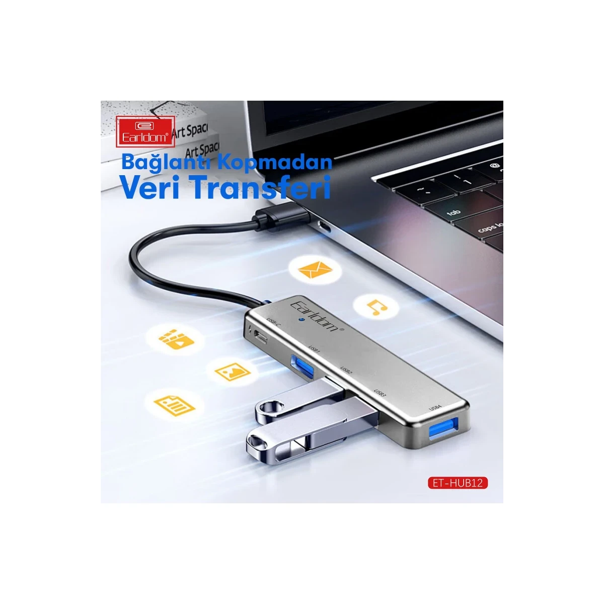 Earldom HUB12 Tak Çalıştır 40cm 4 Adet Usb 2.0 ve 1 Adet Type-C Çıkışlı Usb Çoklayıcı - Gri