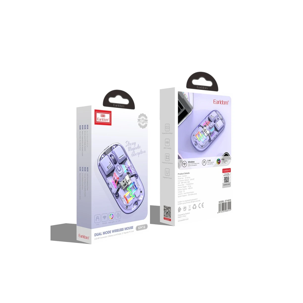 Earldom KM16 1600 DPI Sessiz Transparan Yapılı RGB Kablosuz Ofis Mouse - Mor