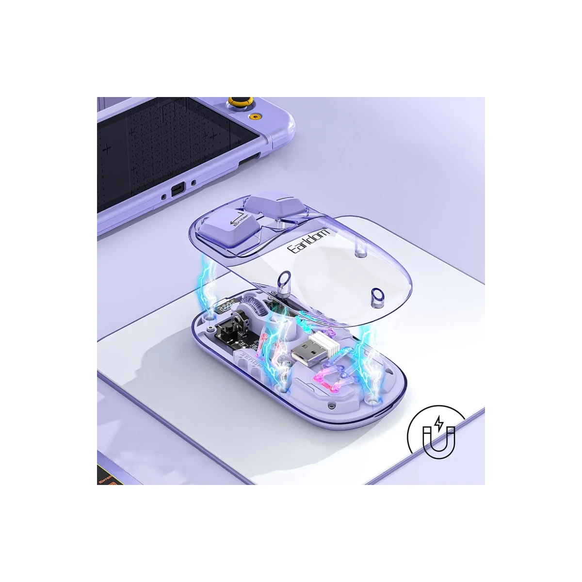 Earldom KM16 1600 DPI Sessiz Transparan Yapılı RGB Kablosuz Ofis Mouse - Mor