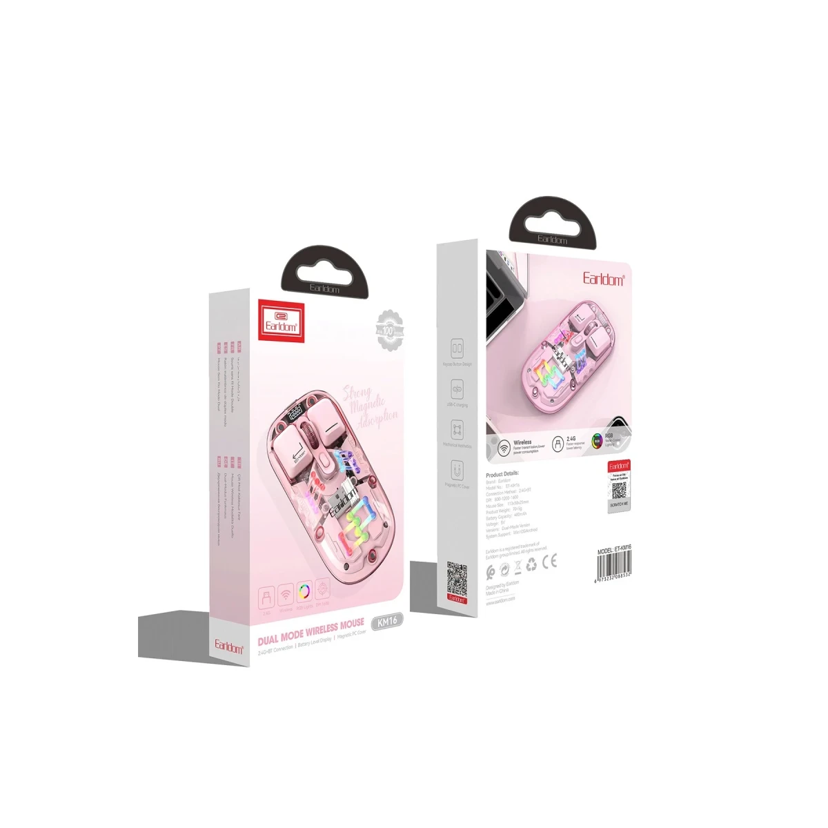 Earldom KM16 1600 DPI Sessiz Transparan Yapılı RGB Kablosuz Ofis Mouse - Pembe
