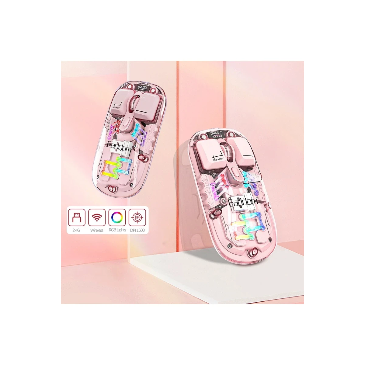 Earldom KM16 1600 DPI Sessiz Transparan Yapılı RGB Kablosuz Ofis Mouse - Pembe