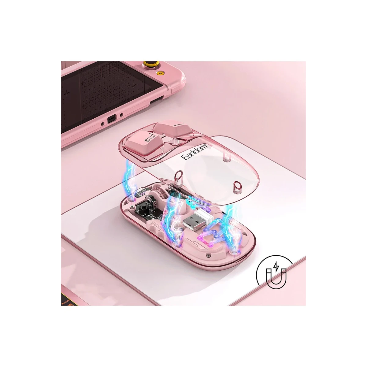 Earldom KM16 1600 DPI Sessiz Transparan Yapılı RGB Kablosuz Ofis Mouse - Pembe