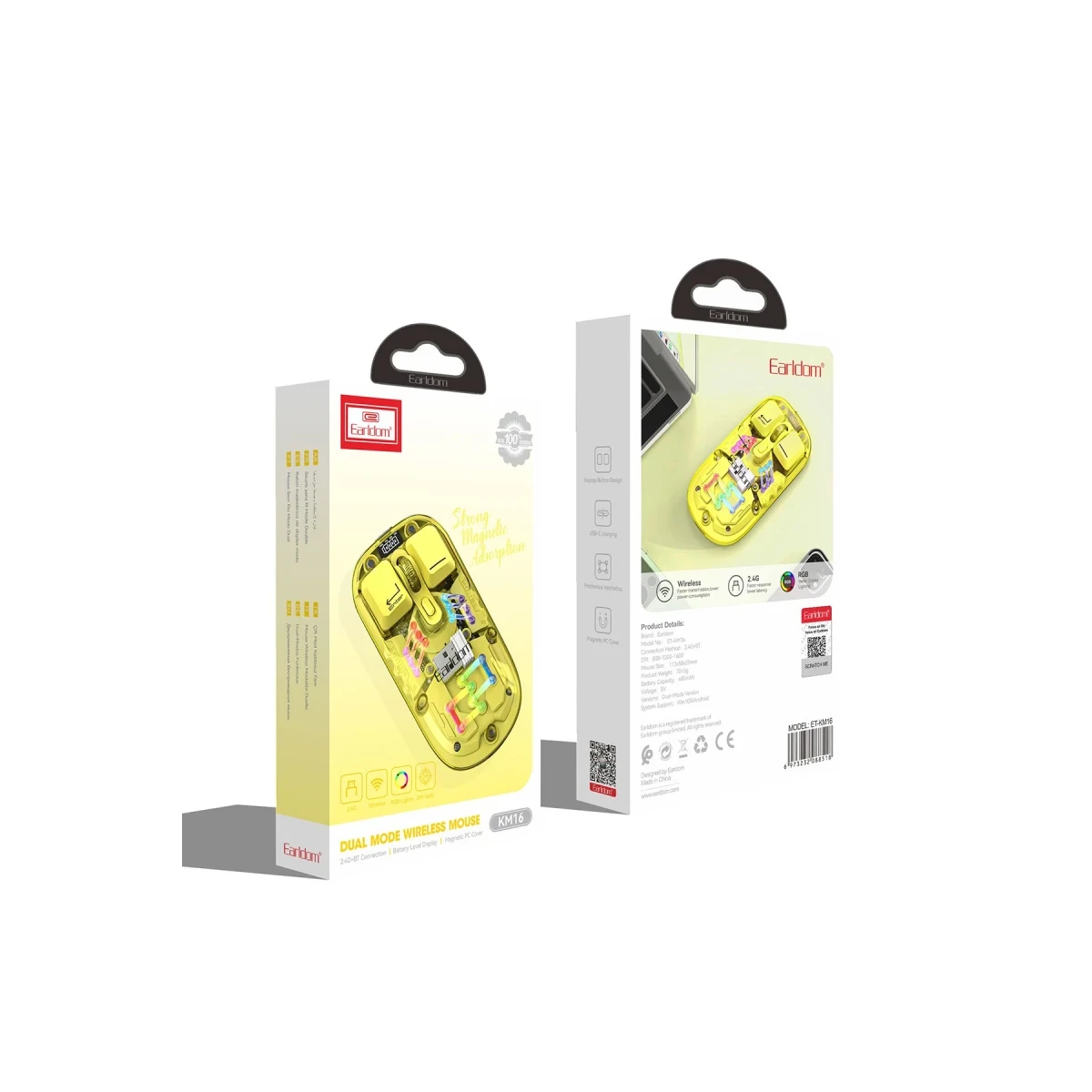 Earldom KM16 1600 DPI Sessiz Transparan Yapılı RGB Kablosuz Ofis Mouse - Sarı