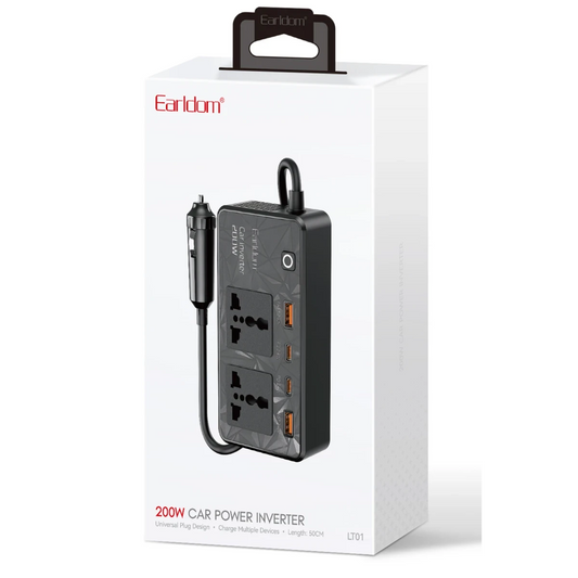 Earldom LT01 200W AC 220V Çıkışlı PD Destekli 4 Portlu Araç İçi Güç Dönüştürücü - Siyah