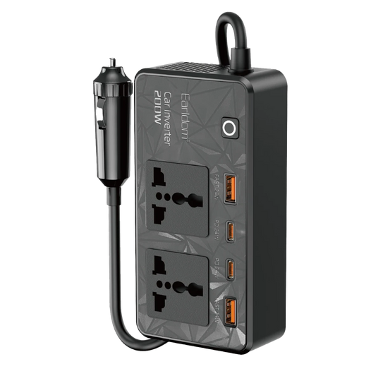 Earldom LT01 200W AC 220V Çıkışlı PD Destekli 4 Portlu Araç İçi Güç Dönüştürücü - Siyah
