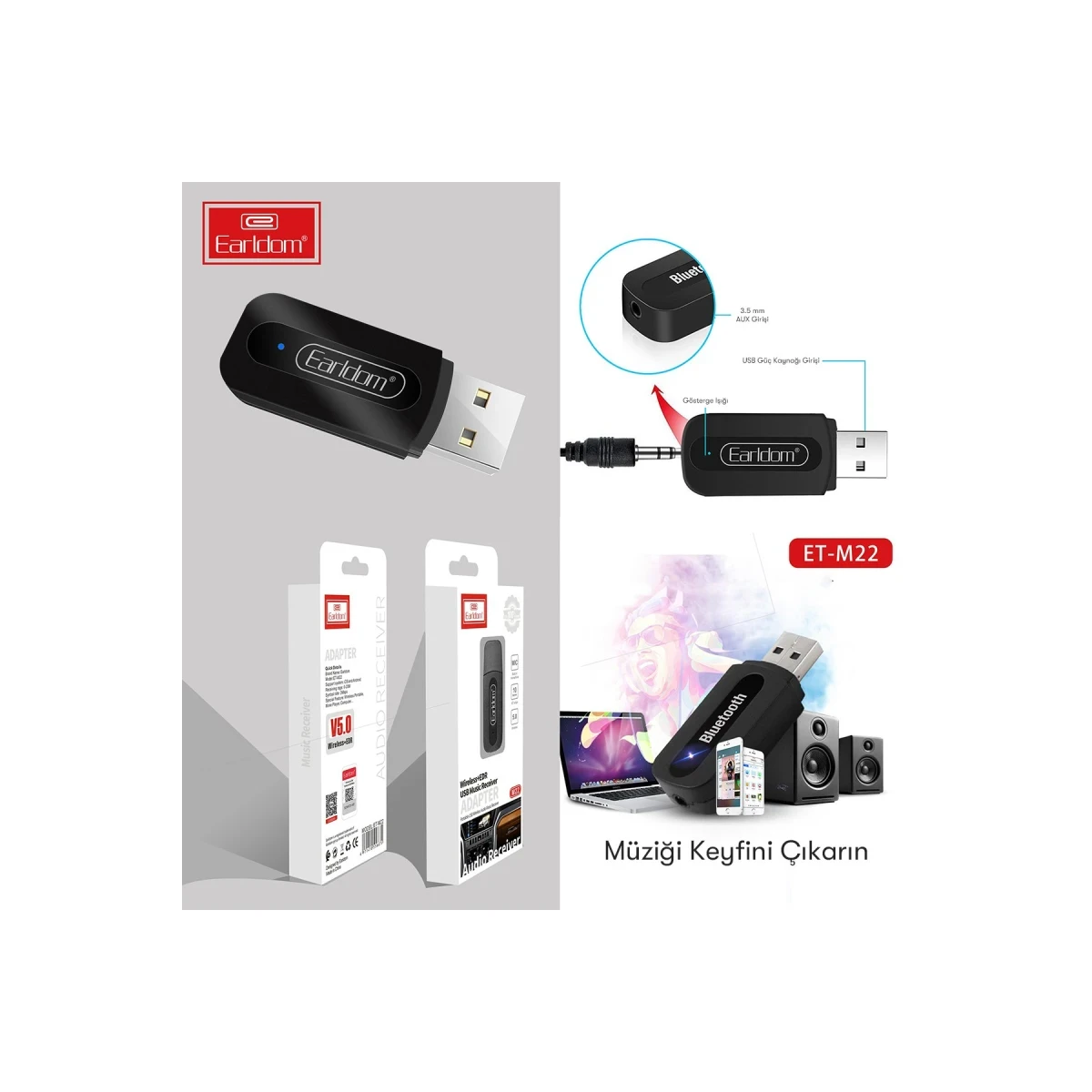 Earldom M22 Bluetooth 5.0 Usb Aux Dönüştürücü - Siyah