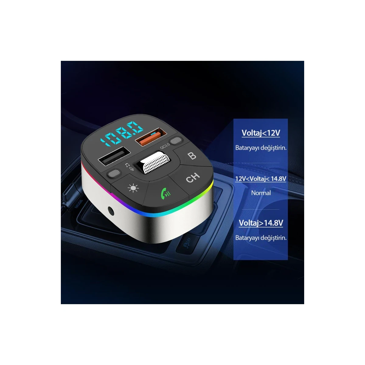Earldom M74 Bluetooth USB 3.0 Dijital Ekranlı FM Transmitter - Siyah