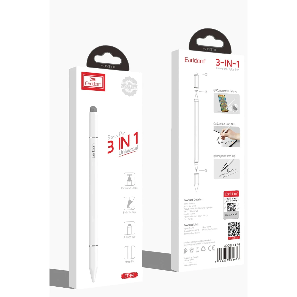 Earldom P6 3in1 Universal Dokunmatik Stylus Kalem - Beyaz