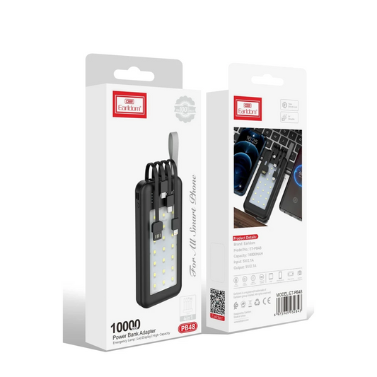 Earldom PB48 10.000 mAh 10W Led Işıklı 3in1 Dahili Kablolu Powerbank - Siyah