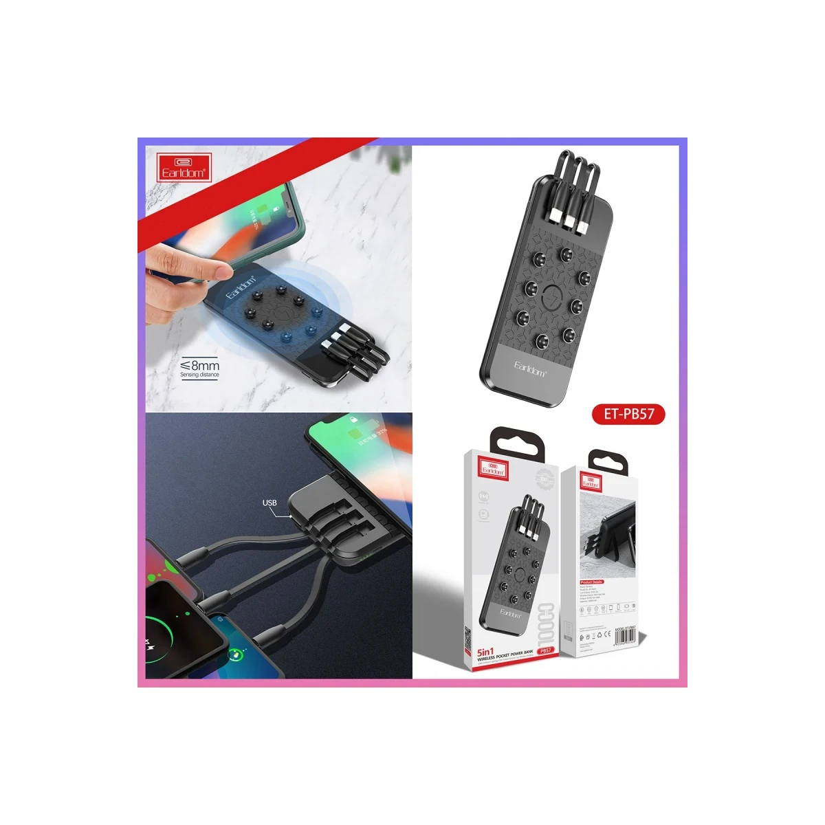 Earldom PB57 10.000 mAh 5in1 Kablosuz Şarjlı PD Hızlı Şarj Powerbank - Siyah