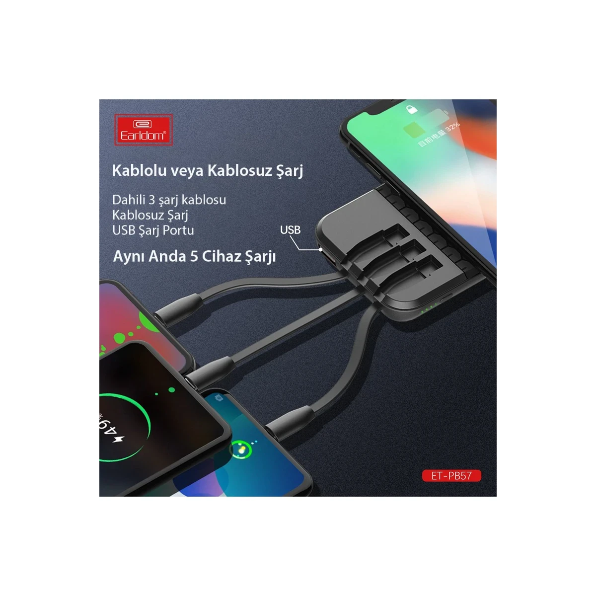 Earldom PB57 10.000 mAh 5in1 Kablosuz Şarjlı PD Hızlı Şarj Powerbank - Siyah